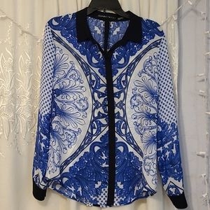 Blue and white pattern blouse